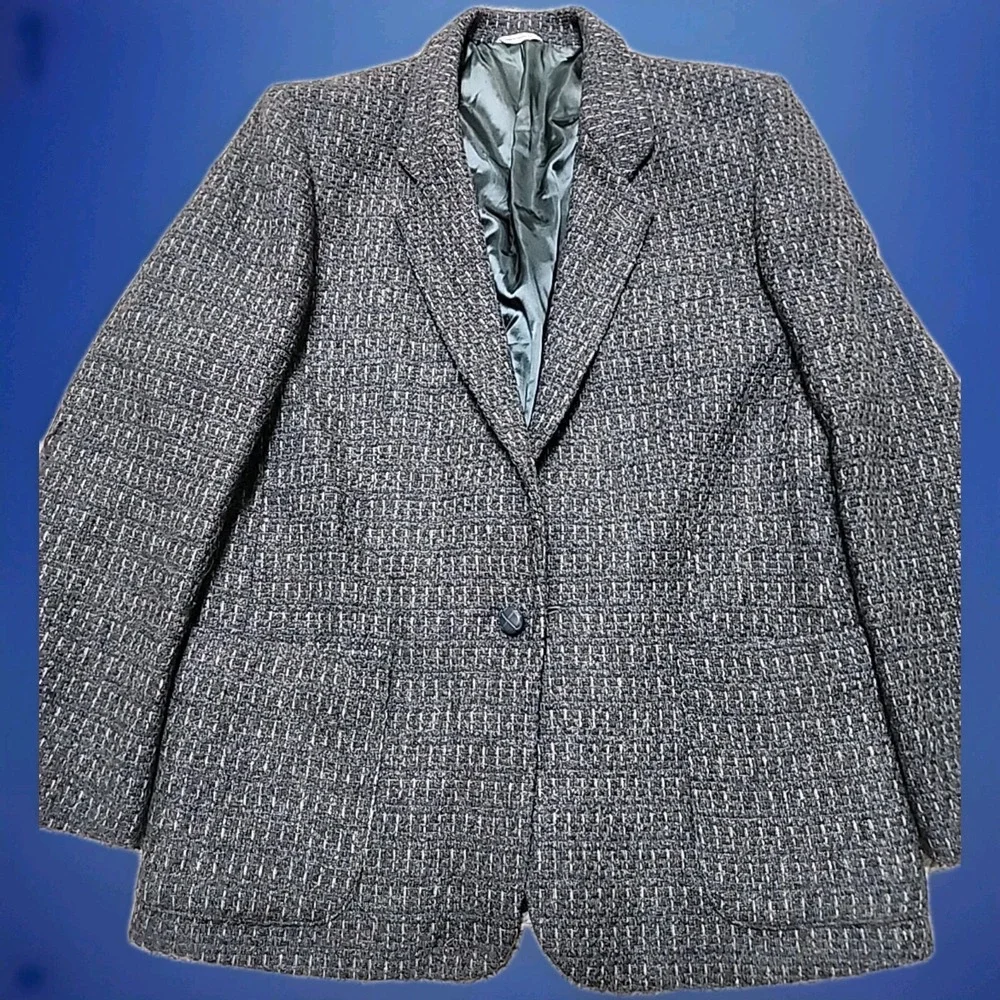 Vintage 80s 90s Gap Wool Tweed Single Button Blazer Gray Brown Blue Textured 40R